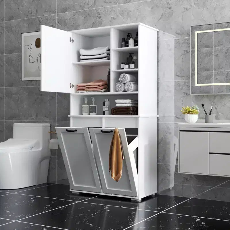 Armario de lavandería independiente blanco de 63'' - Tablero de partículas+MDF, cesto de ropa abatible, estantes ajustables y almacenamiento múltiple