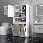 Armario de lavandería independiente blanco de 63'' - Tablero de partículas+MDF, cesto de ropa abatible, estantes ajustables y almacenamiento múltiple