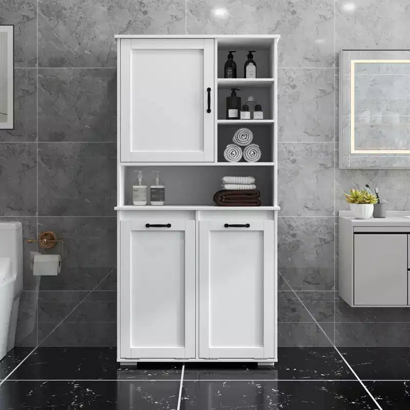 Armario de lavandería independiente blanco de 63'' - Tablero de partículas+MDF, cesto de ropa abatible, estantes ajustables y almacenamiento múltiple