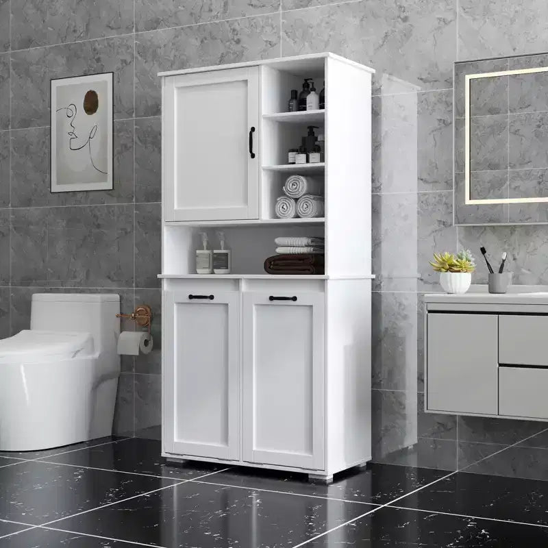 Armario de lavandería independiente blanco de 63'' - Tablero de partículas+MDF, cesto de ropa abatible, estantes ajustables y almacenamiento múltiple