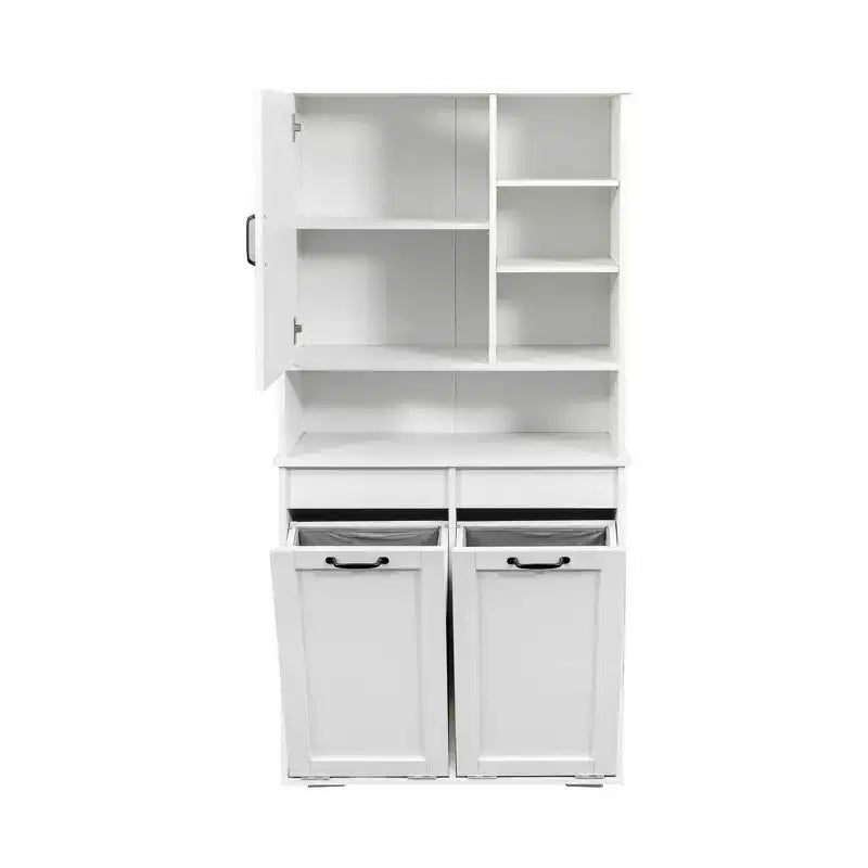 Armario de lavandería independiente blanco de 63'' - Tablero de partículas+MDF, cesto de ropa abatible, estantes ajustables y almacenamiento múltiple