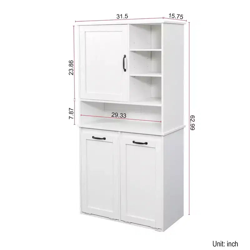 Armario de lavandería independiente blanco de 63'' - Tablero de partículas+MDF, cesto de ropa abatible, estantes ajustables y almacenamiento múltiple