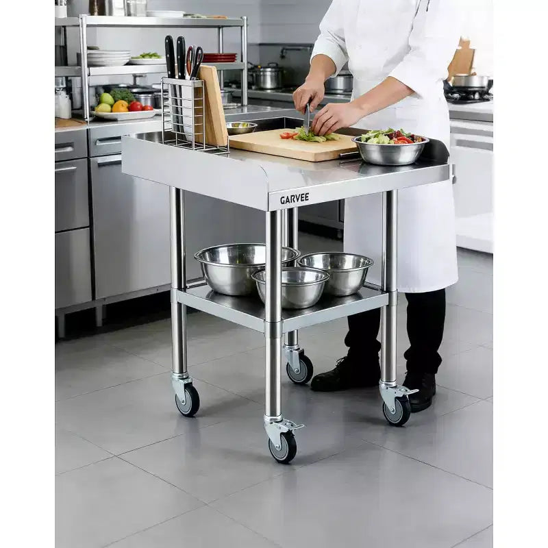 Mesa de acero inoxidable para preparación y trabajo con ruedas giratorias, mesa de cocina comercial de metal resistente con estante inferior ajustable para restaurante
