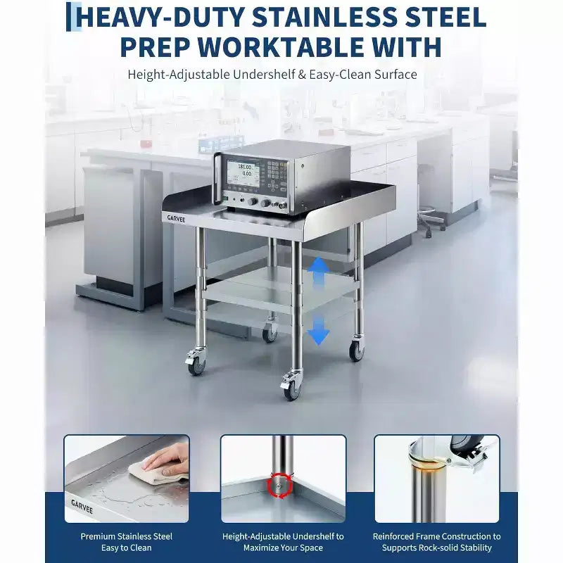 Mesa de acero inoxidable para preparación y trabajo con ruedas giratorias, mesa de cocina comercial de metal resistente con estante inferior ajustable para restaurante