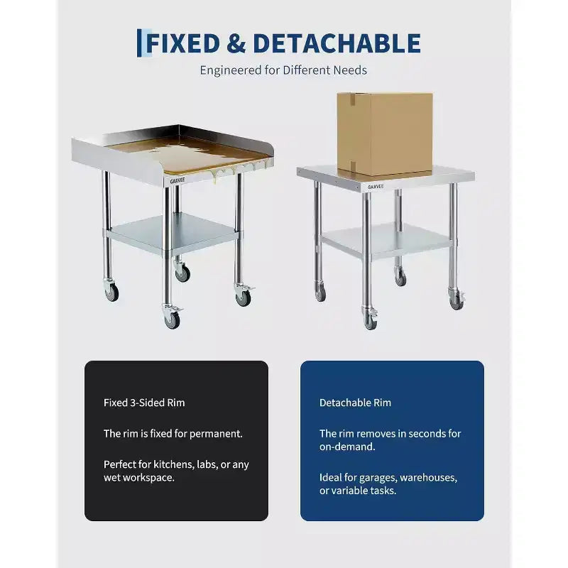 Mesa de acero inoxidable para preparación y trabajo con ruedas giratorias, mesa de cocina comercial de metal resistente con estante inferior ajustable para restaurante