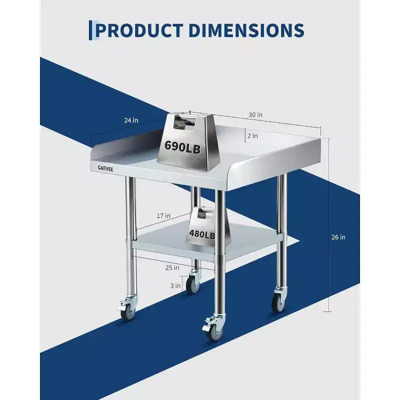 Mesa de acero inoxidable para preparación y trabajo con ruedas giratorias, mesa de cocina comercial de metal resistente con estante inferior ajustable para restaurante
