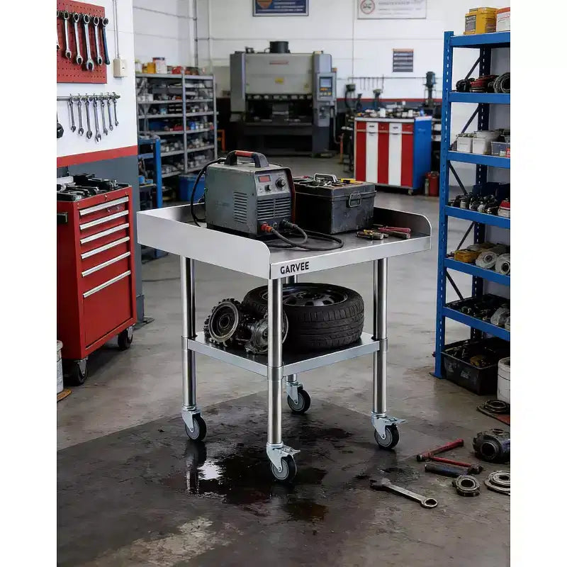 Mesa de acero inoxidable para preparación y trabajo con ruedas giratorias, mesa de cocina comercial de metal resistente con estante inferior ajustable para restaurante