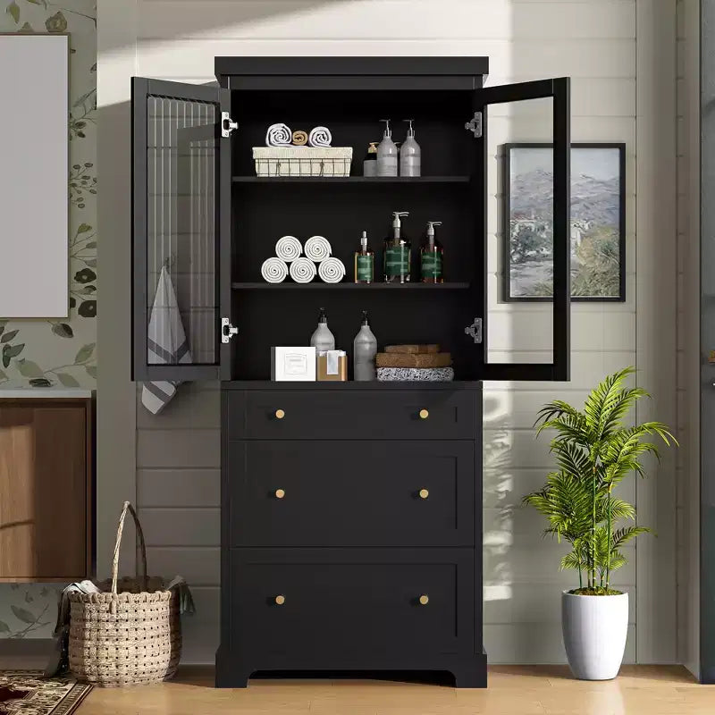 Mueble de almacenamiento para baño de 70 cm, mueble de suelo independiente con 3 cajones y estantes ajustables, armario de despensa de cocina para baño u oficina