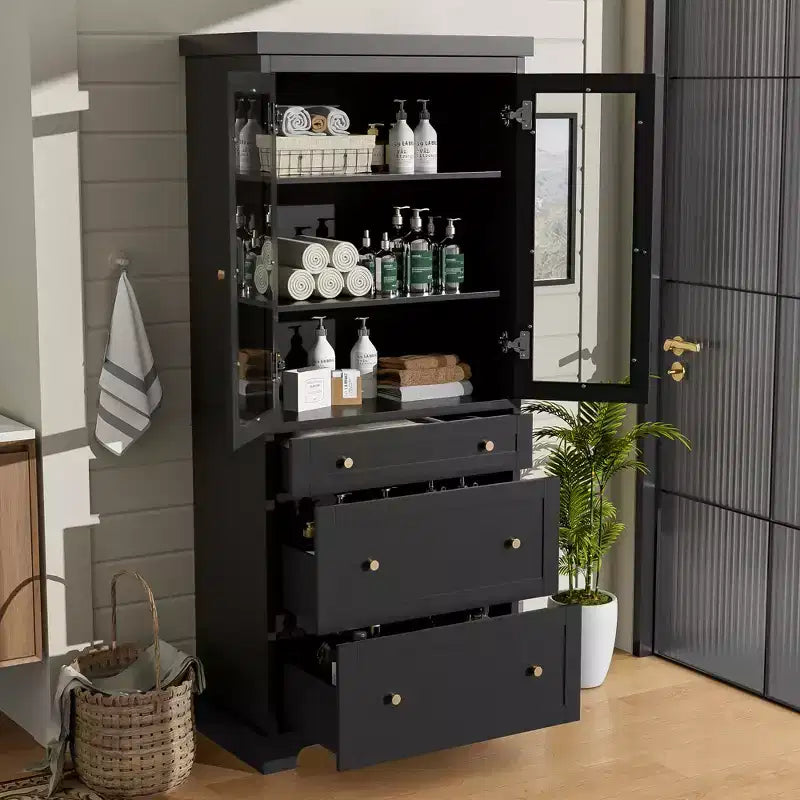 Mueble de almacenamiento para baño de 70 cm, mueble de suelo independiente con 3 cajones y estantes ajustables, armario de despensa de cocina para baño u oficina