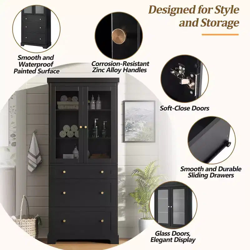 Mueble de almacenamiento para baño de 70 cm, mueble de suelo independiente con 3 cajones y estantes ajustables, armario de despensa de cocina para baño u oficina