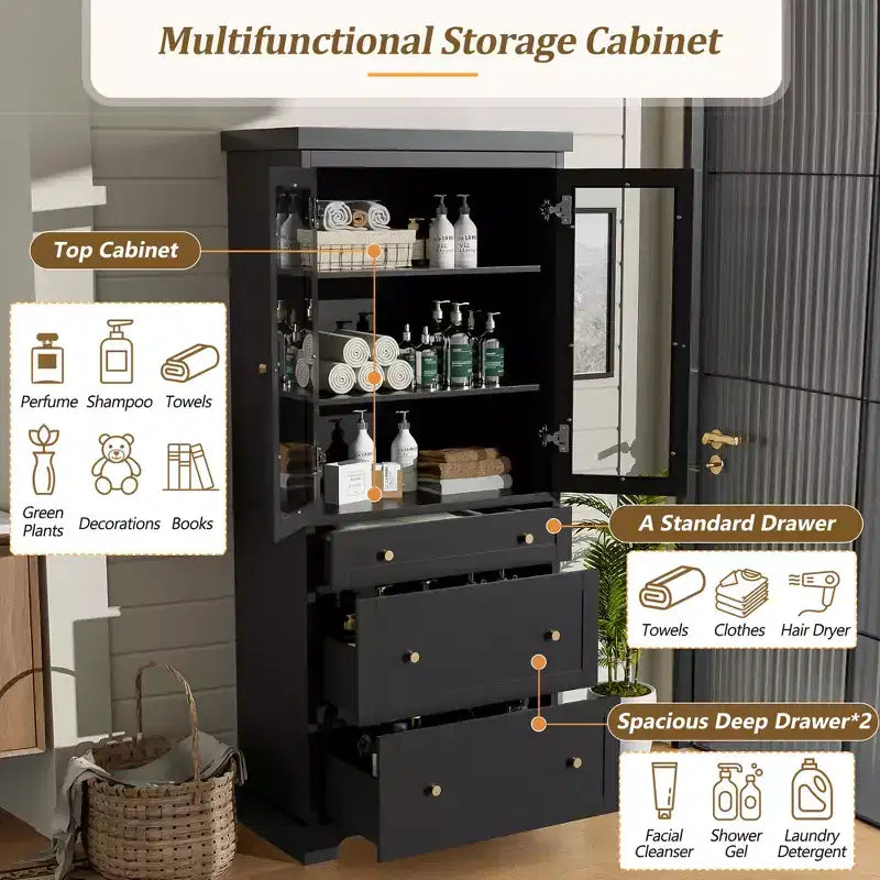 Mueble de almacenamiento para baño de 70 cm, mueble de suelo independiente con 3 cajones y estantes ajustables, armario de despensa de cocina para baño u oficina