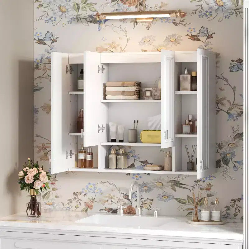 Mueble de baño moderno con 5 estantes ajustables, botiquín de pared, bisagras de cierre suave y diseño de estante abierto, blanco