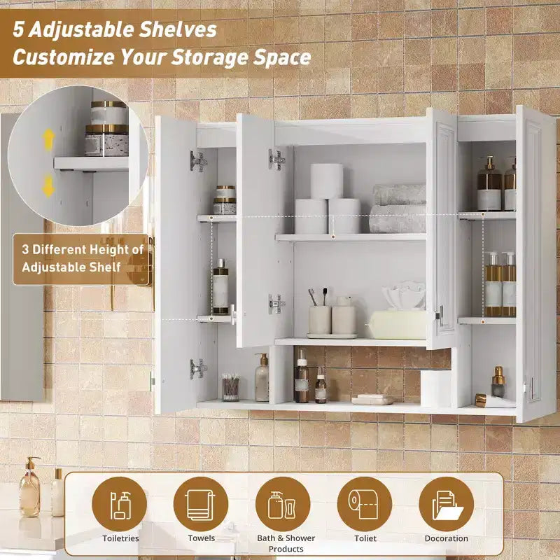 Mueble de baño moderno con 5 estantes ajustables, botiquín de pared, bisagras de cierre suave y diseño de estante abierto, blanco