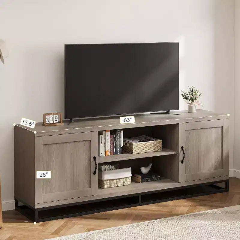Mueble de TV estilo rústico para sala de estar, estantes ajustables de 2 niveles, base de metal, consola multimedia para TV de 75 pulgadas, gris