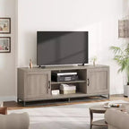 Mueble de TV estilo rústico para sala de estar, estantes ajustables de 2 niveles, base de metal, consola multimedia para TV de 75 pulgadas, gris