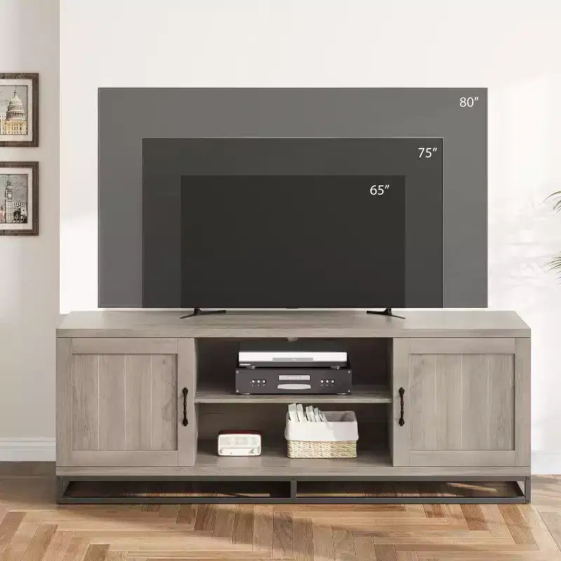 Mueble de TV estilo rústico para sala de estar, estantes ajustables de 2 niveles, base de metal, consola multimedia para TV de 75 pulgadas, gris
