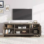 Mueble de TV estilo rústico para sala de estar, estantes ajustables de 2 niveles, base de metal, consola multimedia para TV de 75 pulgadas, gris