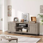 Mueble de TV estilo rústico para sala de estar, estantes ajustables de 2 niveles, base de metal, consola multimedia para TV de 75 pulgadas, gris