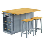 CASAINC 50 Kitchen Island With 2 Bar Stools, Drop Leaf, Power Outlet, Open Racks and Drawers on Wheels