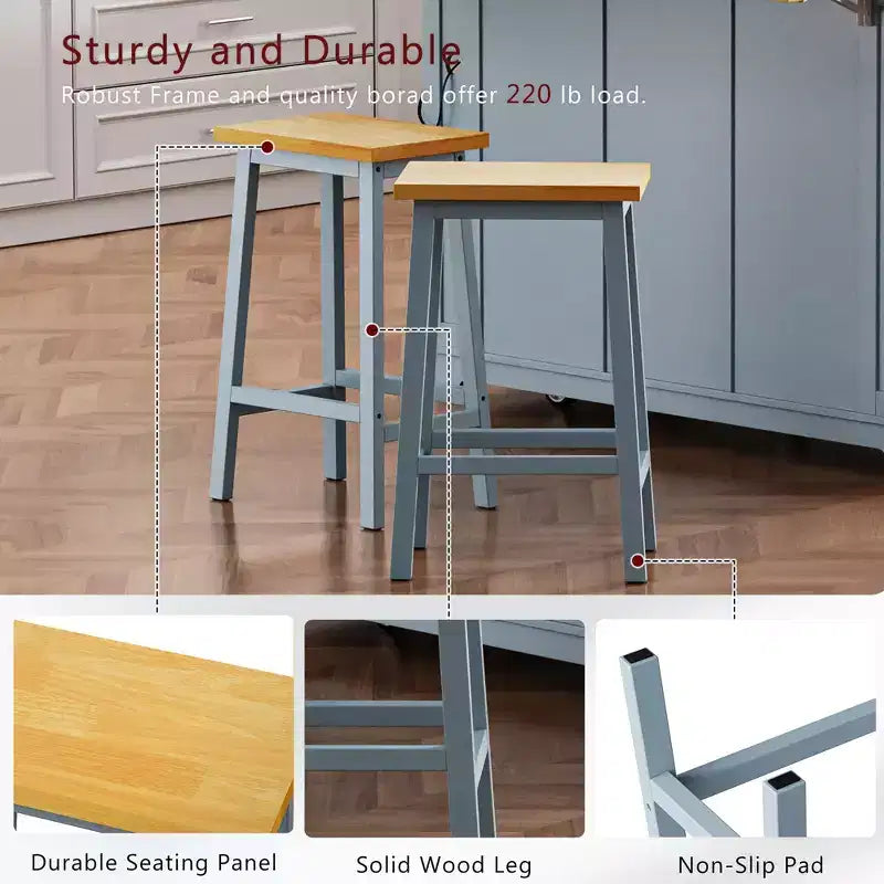 Isla de Cocina de 50" con 2 Taburetes, Ala Abatible, Toma de Corriente, Estantes Abiertos y Cajones con Ruedas