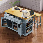 Isla de Cocina de 50" con 2 Taburetes, Ala Abatible, Toma de Corriente, Estantes Abiertos y Cajones con Ruedas