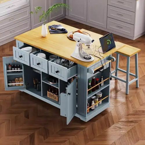 Isla de Cocina de 50" con 2 Taburetes, Ala Abatible, Toma de Corriente, Estantes Abiertos y Cajones con Ruedas