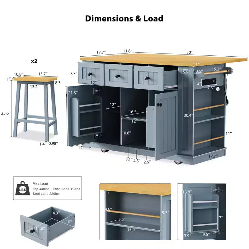 Isla de Cocina de 50" con 2 Taburetes, Ala Abatible, Toma de Corriente, Estantes Abiertos y Cajones con Ruedas