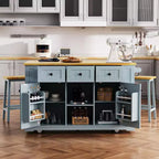 Isla de Cocina de 50" con 2 Taburetes, Ala Abatible, Toma de Corriente, Estantes Abiertos y Cajones con Ruedas