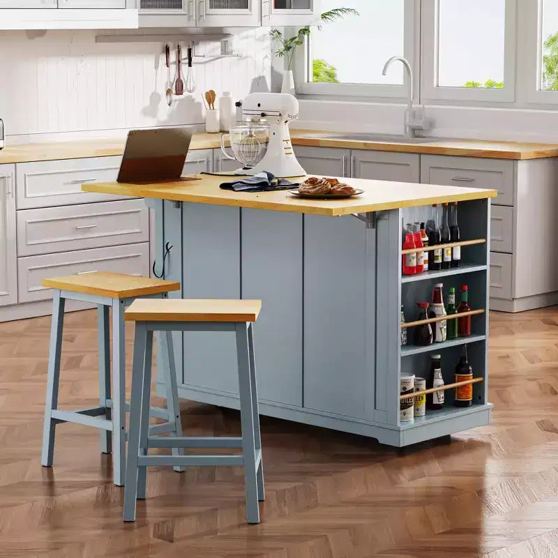 Isla de Cocina de 50" con 2 Taburetes, Ala Abatible, Toma de Corriente, Estantes Abiertos y Cajones con Ruedas