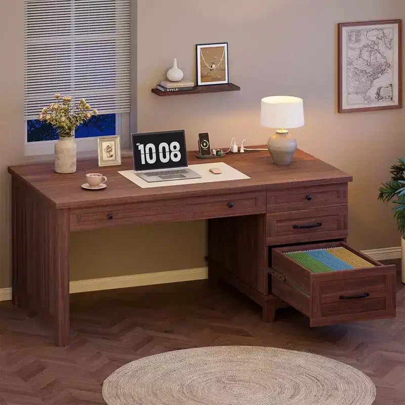 Escritorio ejecutivo con cajones, escritorio de oficina estilo rústico con estación de carga, escritorio de madera para computadora de 53.54 pulgadas con archivador
