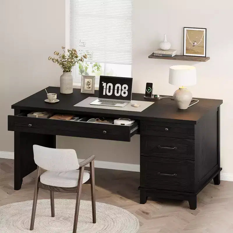 Escritorio ejecutivo con cajones, escritorio de oficina estilo rústico con estación de carga, escritorio de madera para computadora de 53.54 pulgadas con archivador