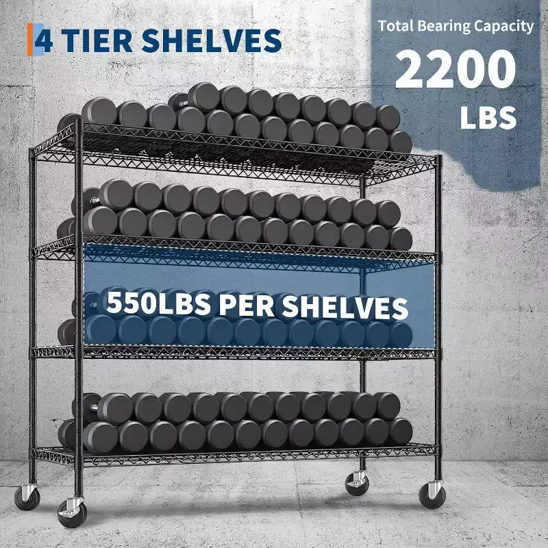 Estantería metálica de 4 niveles de alta resistencia con ruedas, 24D x 56W x 75H, capacidad de 2200 libras, estante de almacenamiento de metal ajustable, estanterías industriales
