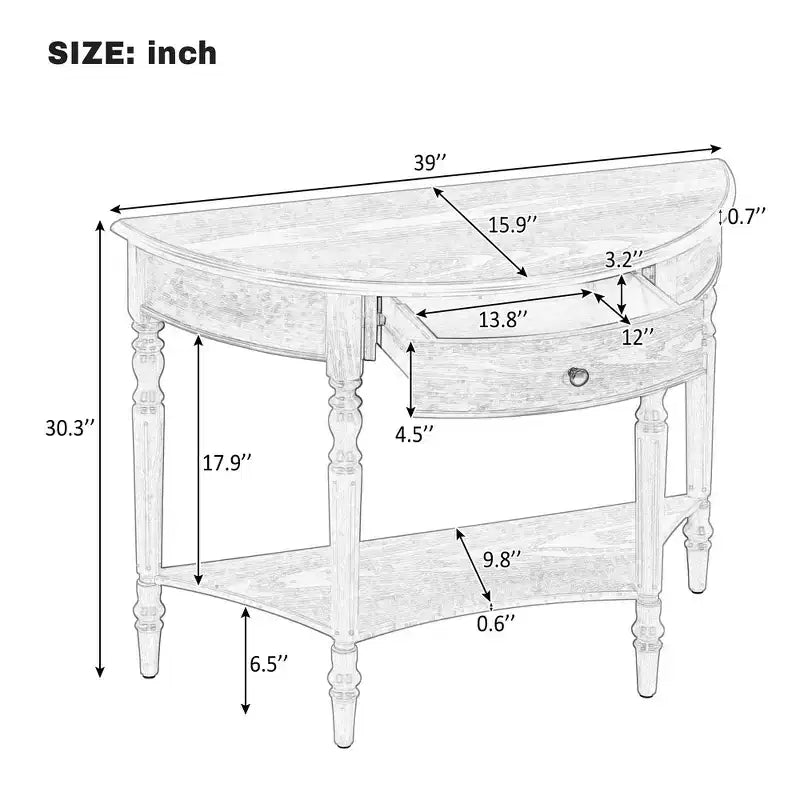Mesa Consola Media Luna de Granja, Mesa Auxiliar Rústica, Mesa de Sofá para Entrada con Cajón y Estante