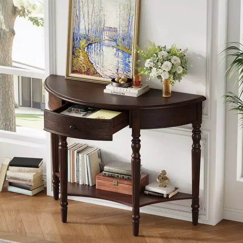 Mesa Consola Media Luna de Granja, Mesa Auxiliar Rústica, Mesa de Sofá para Entrada con Cajón y Estante