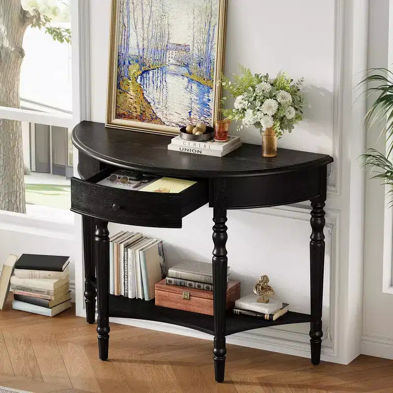 Mesa Consola Media Luna de Granja, Mesa Auxiliar Rústica, Mesa de Sofá para Entrada con Cajón y Estante