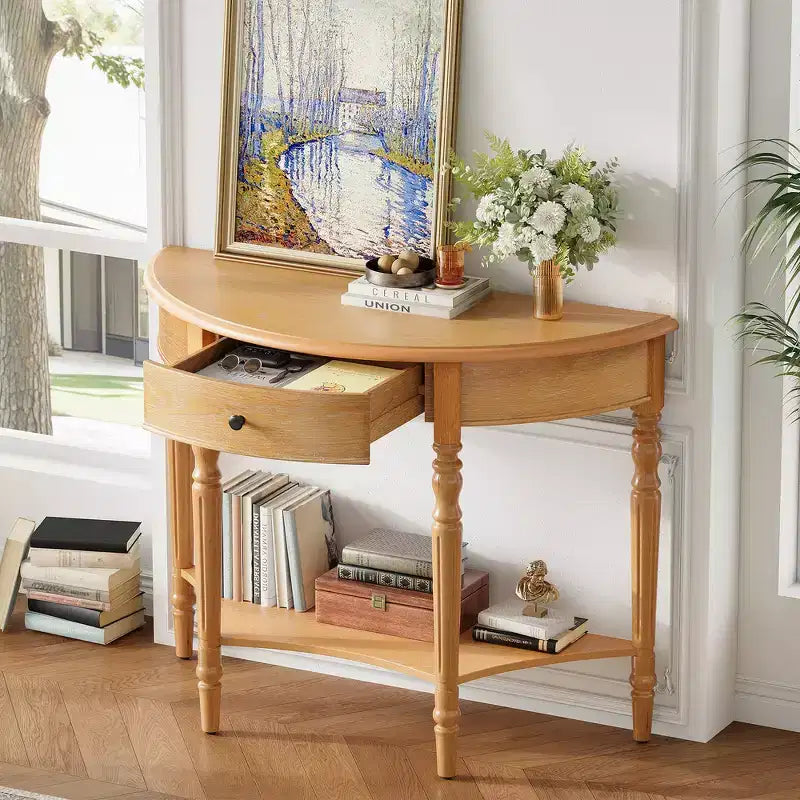 Mesa Consola Media Luna de Granja, Mesa Auxiliar Rústica, Mesa de Sofá para Entrada con Cajón y Estante