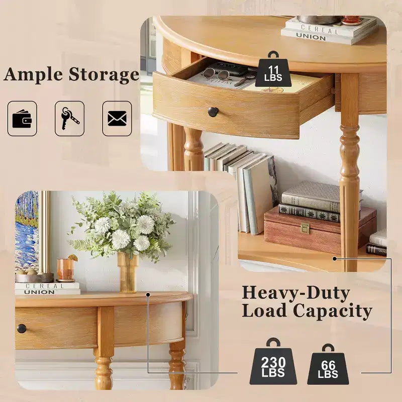 Mesa Consola Media Luna de Granja, Mesa Auxiliar Rústica, Mesa de Sofá para Entrada con Cajón y Estante