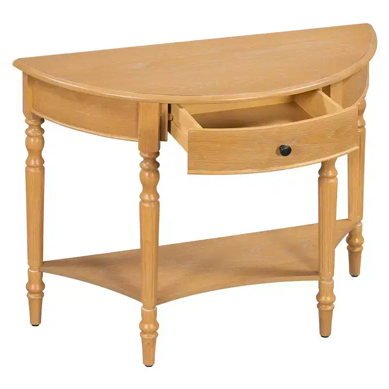Mesa Consola Media Luna de Granja, Mesa Auxiliar Rústica, Mesa de Sofá para Entrada con Cajón y Estante
