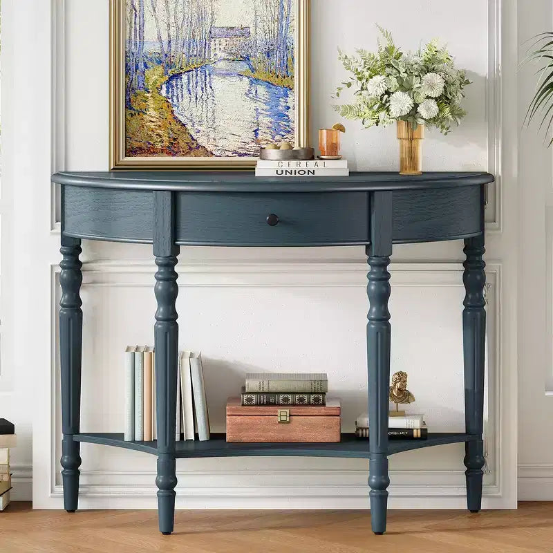 Mesa Consola Media Luna de Granja, Mesa Auxiliar Rústica, Mesa de Sofá para Entrada con Cajón y Estante