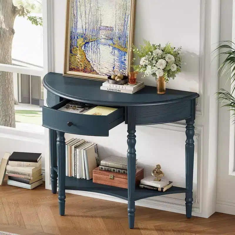 Mesa Consola Media Luna de Granja, Mesa Auxiliar Rústica, Mesa de Sofá para Entrada con Cajón y Estante