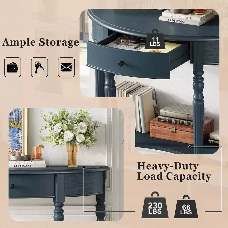 Mesa Consola Media Luna de Granja, Mesa Auxiliar Rústica, Mesa de Sofá para Entrada con Cajón y Estante