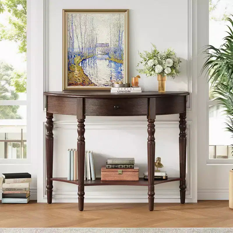 Mesa Consola Media Luna de Granja, Mesa Auxiliar Rústica, Mesa de Sofá para Entrada con Cajón y Estante