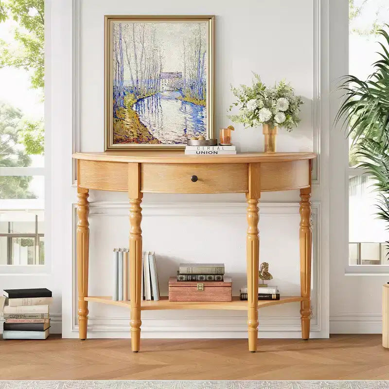 Mesa Consola Media Luna de Granja, Mesa Auxiliar Rústica, Mesa de Sofá para Entrada con Cajón y Estante