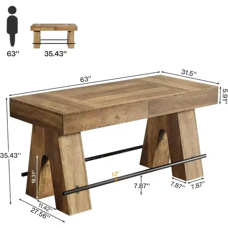 Mesa alta de bar Lantine de 63 pulgadas con reposapiés de metal, mesa de comedor alta para barra de casa, cocina, marrón rústico