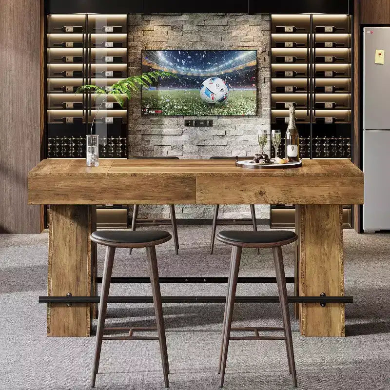 Mesa alta de bar Lantine de 63 pulgadas con reposapiés de metal, mesa de comedor alta para barra de casa, cocina, marrón rústico