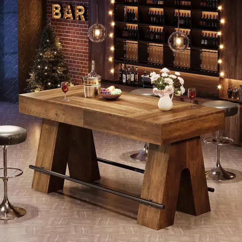 Mesa alta de bar Lantine de 63 pulgadas con reposapiés de metal, mesa de comedor alta para barra de casa, cocina, marrón rústico