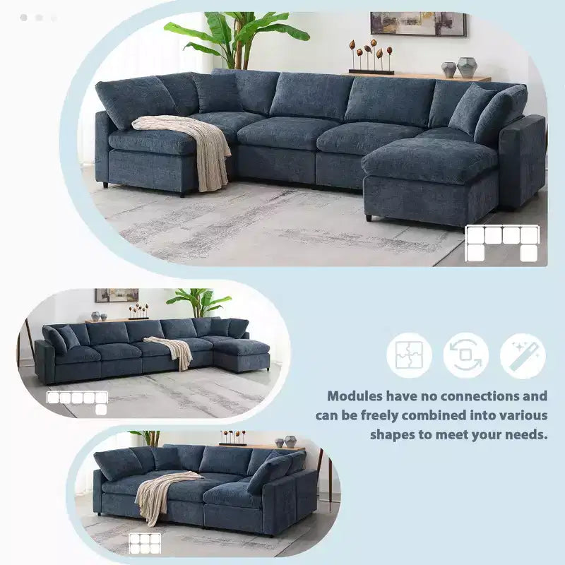 Sofá Cama Nuboso Modular de Chenilla de 6 Piezas con Otomana