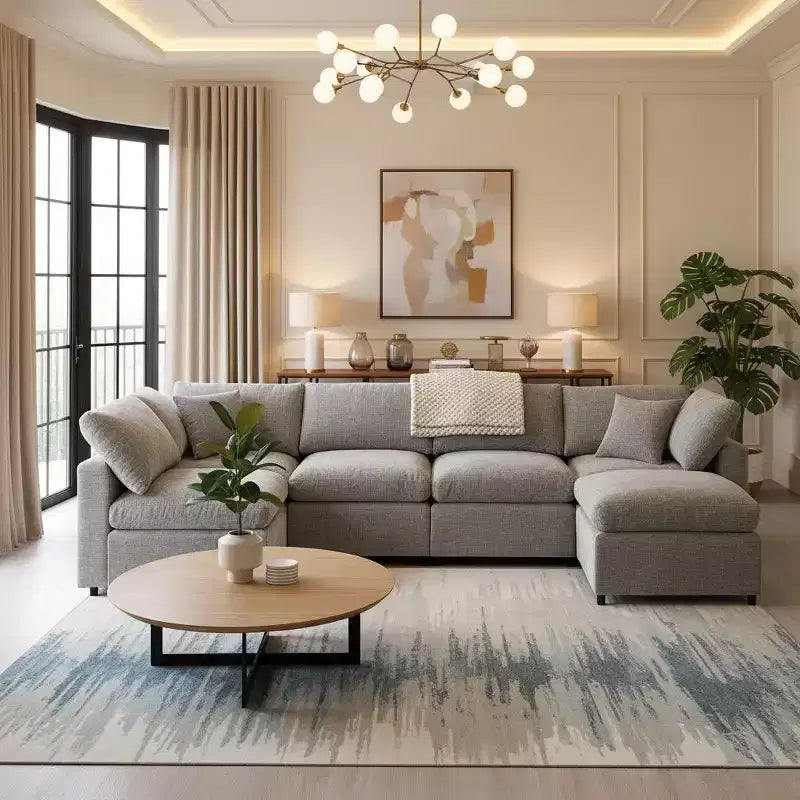 Sofá Cama Nuboso Modular de Chenilla de 6 Piezas con Otomana