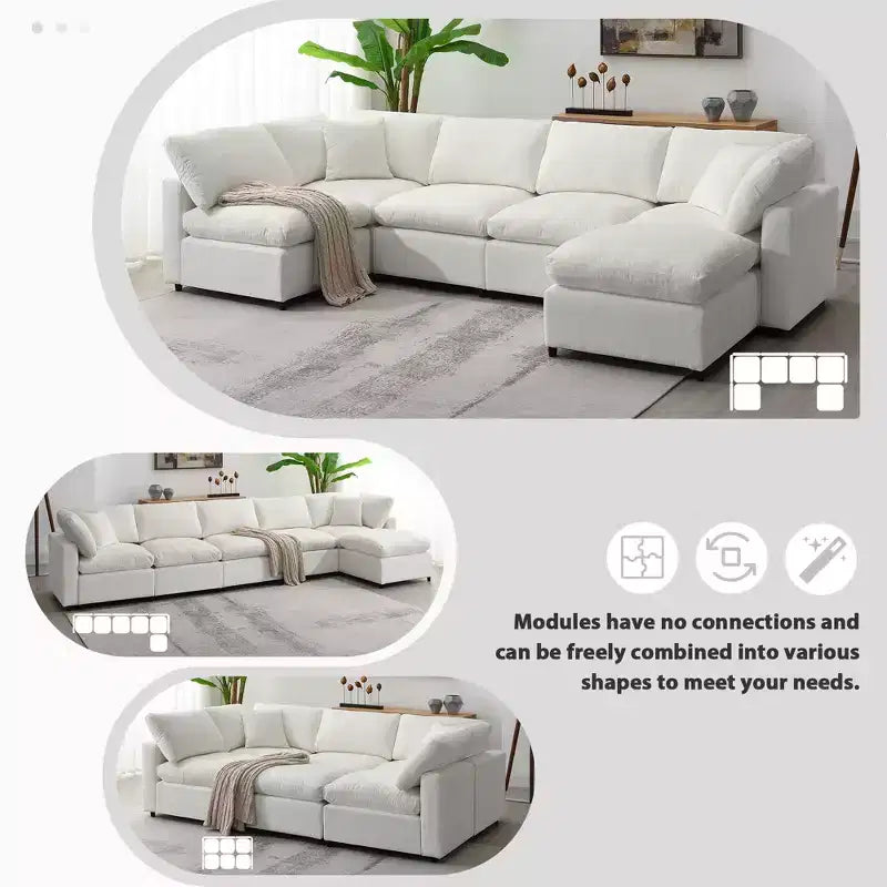 Sofá Cama Nuboso Modular de Chenilla de 6 Piezas con Otomana