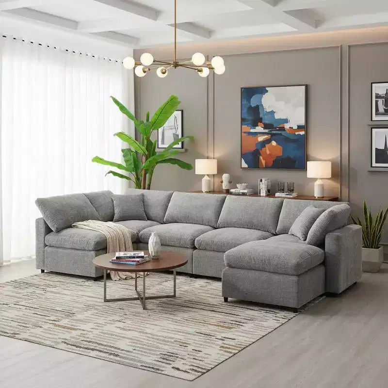 Sofá Cama Nuboso Modular de Chenilla de 6 Piezas con Otomana